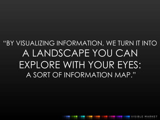 “BY VISUALIZING INFORMATION, WE TURN IT INTO
A LANDSCAPE YOU CAN
EXPLORE WITH YOUR EYES:
A SORT OF INFORMATION MAP.”
 
