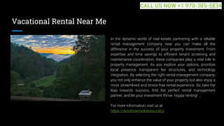 Vacational Rental Near Me
In the dynamic world of real estate, partnering with a reliable
rental management company near you can make all the
difference in the success of your property investment. From
expertise and time savings to efficient tenant screening and
maintenance coordination, these companies play a vital role in
property management. As you explore your options, prioritize
local presence, transparent fee structures, and technology
integration. By selecting the right rental management company,
you not only enhance the value of your property but also enjoy a
more streamlined and stress-free rental experience. So, take the
leap towards success, find the perfect rental management
partner, and let your investment thrive. Happy renting! ...
For more information, visit us at
https://stocktownsolutions.com/
CALL US NOW +1 970-305-5834
 