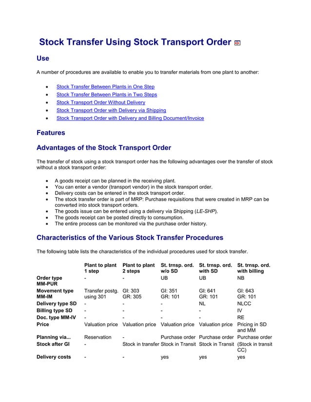 Stock transfer using stock transport order PDF