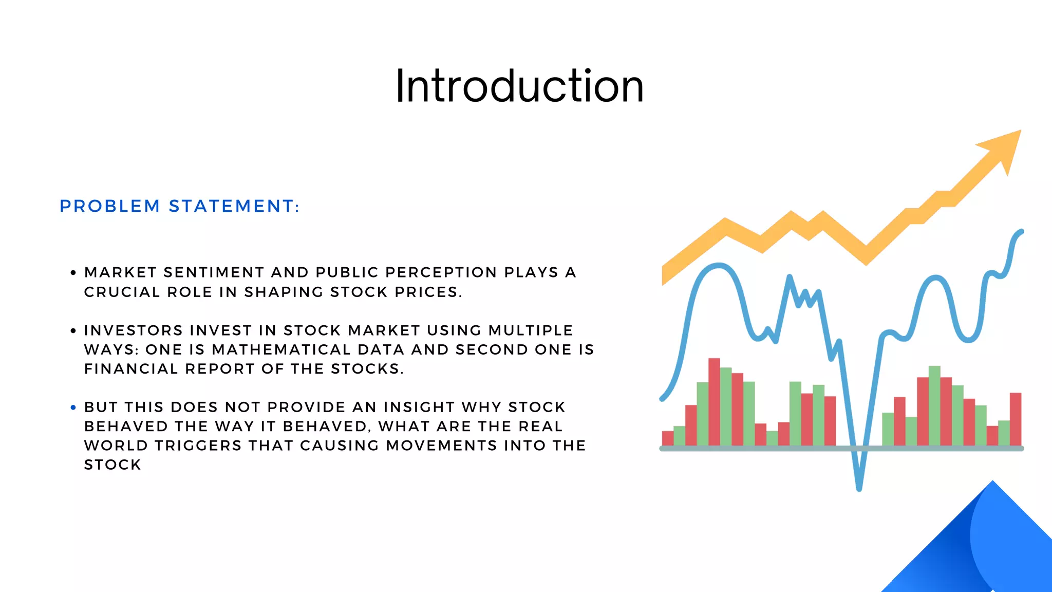 MARKET SENTIMENT AND PUBLIC PERCEPTION PLAYS A
CRUCIAL ROLE IN SHAPING STOCK PRICES.
INVESTORS INVEST IN STOCK MARKET USING MULTIPLE
WAYS: ONE IS MATHEMATICAL DATA AND SECOND ONE IS
FINANCIAL REPORT OF THE STOCKS.
BUT THIS DOES NOT PROVIDE AN INSIGHT WHY STOCK
BEHAVED THE WAY IT BEHAVED, WHAT ARE THE REAL
WORLD TRIGGERS THAT CAUSING MOVEMENTS INTO THE
STOCK
PROBLEM STATEMENT:
Introduction
 