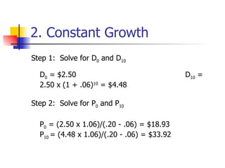 2. Constant Growth Step 1:  Solve for D 0  and D 10   D 0  = $2.50   D 10  = 2.50 x (1 + .06) 10  = $4.48  Step 2:  Solve for P 0  and P 10   P 0  = (2.50 x 1.06)/(.20 - .06) = $18.93   P 10  = (4.48 x 1.06)/(.20 - .06) = $33.92  