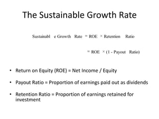 The Sustainable Growth Rate
Sustainabl e Growth Rate

ROE

ROE

Retention

Ratio

(1 - Payout Ratio)

• Return on Equity (ROE) = Net Income / Equity
• Payout Ratio = Proportion of earnings paid out as dividends

• Retention Ratio = Proportion of earnings retained for
investment

 