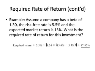 Required Rate of Return (cont’d)
• Example: Assume a company has a beta of
1.30, the risk-free rate is 5.5% and the
expected market return is 15%. What is the
required rate of return for this investment?
R equired return

5.5%

1.30

15.0%

5.5%

17.85%

 