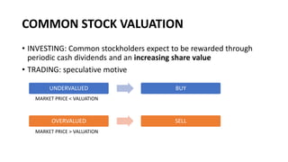 COMMON STOCK VALUATION
• INVESTING: Common stockholders expect to be rewarded through
periodic cash dividends and an increasing share value
• TRADING: speculative motive
UNDERVALUED BUY
OVERVALUED SELL
MARKET PRICE < VALUATION
MARKET PRICE > VALUATION
 