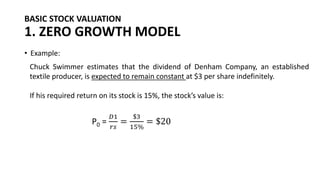 BASIC STOCK VALUATION
1. ZERO GROWTH MODEL
• Example:
Chuck Swimmer estimates that the dividend of Denham Company, an established
textile producer, is expected to remain constant at $3 per share indefinitely.
If his required return on its stock is 15%, the stock’s value is:
P0 =
𝐷1
𝑟𝑠
=
$3
15%
= $20
 