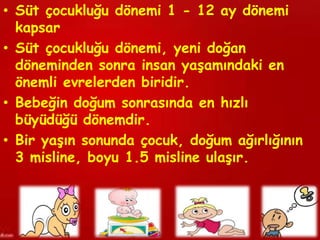 • Süt çocukluğu dönemi 1 - 12 ay dönemi
  kapsar
• Süt çocukluğu dönemi, yeni doğan
  döneminden sonra insan yaşamındaki en
  önemli evrelerden biridir.
• Bebeğin doğum sonrasında en hızlı
  büyüdüğü dönemdir.
• Bir yaşın sonunda çocuk, doğum ağırlığının
  3 misline, boyu 1.5 misline ulaşır.
 