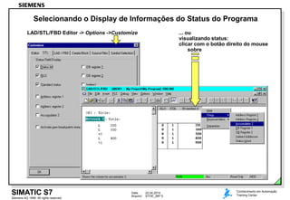 Data: 22.04.2014
Arquivo: STOE_06P.5
Siemens AG 1999. All rights reserved.
Conhecimento em Automação
Training CenterSIMATIC S7
Selecionando o Display de Informações do Status do Programa
LAD/STL/FBD Editor -> Options ->Customize ... ou
visualizando status:
clicar com o botão direito do mouse
sobre
 