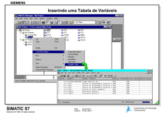 Data: 22.04.2014
Arquivo: STOE_06P.7
Siemens AG 1999. All rights reserved.
Conhecimento em Automação
Training CenterSIMATIC S7
Inserindo uma Tabela de Variáveis
 