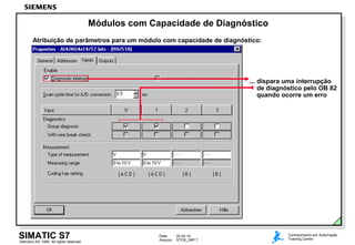 Data: 22.04.14
Arquivo: STOE_09P.7
SIMATIC S7Siemens AG 1999. All rights reserved.
Conhecimento em Automação
Training Center
Módulos com Capacidade de Diagnóstico
Atribuição de parâmetros para um módulo com capacidade de diagnóstico:
... dispara uma interrupção
de diagnóstico pelo OB 82
quando ocorre um erro
 