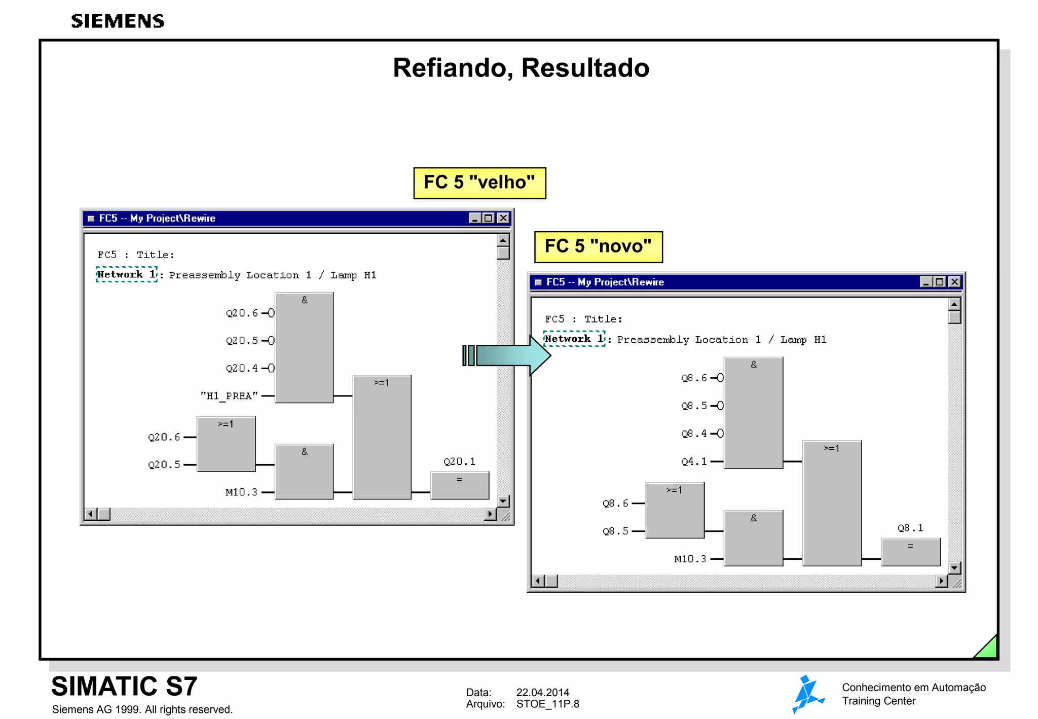 Data: 22.04.2014
Arquivo: STOE_11P.8
SIMATIC S7
Siemens AG 1999. All rights reserved.
Conhecimento em Automação
Training Center
Refiando, Resultado
FC 5 "velho"
FC 5 "novo"
 