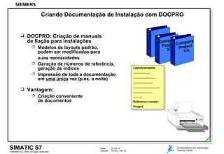 Data: 22.04.14
Arquivo: STOE_14P.13Siemens AG 1999. All rights reserved.
SIMATIC S7 Conhecimento em Automação
Training Center
Criando Documentação de Instalação com DOCPRO
 DOCPRO: Criação de manuais
de fiação para instalações
 Modelos de layouts padrão,
podem ser modificados para
suas necessidades
 Geração de números de referência,
geração de índices
 Impressão de toda a documentação
em uma única vez (p.ex. a noite)
 Vantagem:
 Criação conveniente
de documentos
Layout template
.....................
............................
.........................
.................................
........................
...........
Reference number
Project
Layout template
.....................
............................
.........................
.................................
........................
...........
Reference number
Project
Company
Project
2/5
Company
Project
1/5
 