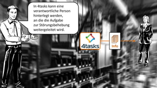 In 4tasks kann eine verantwortliche Person hinterlegt werden, 
an die die Aufgabe 
zur Störungsbehebung weitergeleitet wird.  