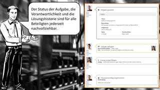Der Status der Aufgabe, die Verantwortlichkeit und die Lösungshistorie sind für alle Beteiligten jederzeit nachvollziehbar.  