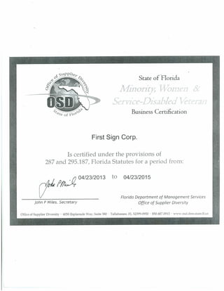 First Sign Corp -State of Florida OSD Certification  2015