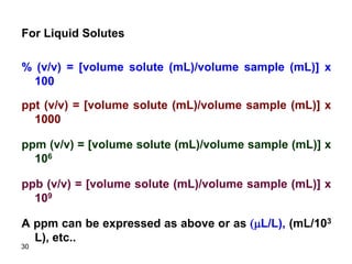 30
For Liquid Solutes
% (v/v) = [volume solute (mL)/volume sample (mL)] x
100
ppt (v/v) = [volume solute (mL)/volume sample (mL)] x
1000
ppm (v/v) = [volume solute (mL)/volume sample (mL)] x
106
ppb (v/v) = [volume solute (mL)/volume sample (mL)] x
109
A ppm can be expressed as above or as (mL/L), (mL/103
L), etc..
 