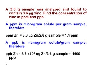 31
A 2.6 g sample was analyzed and found to
contain 3.6 mg zinc. Find the concentration of
zinc in ppm and ppb.
A ppm is microgram solute per gram sample,
therefore
ppm Zn = 3.6 mg Zn/2.6 g sample = 1.4 ppm
A ppb is nanogram solute/gram sample,
therefore
ppb Zn = 3.6 x103 ng Zn/2.6 g sample = 1400
ppb
 