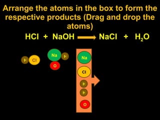 Arrange the atoms in the box to form the respective products (Drag and drop the atoms) HCI  +  NaOH  NaCI  +  H 2 O H Na O H H CI Na O H CI 