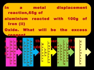 In a metal displacement reaction,65g of  aluminium reacted with 100g of Iron (ii) Oxide. What will be the excess reagent  at the end of the experiment? What  needs to be added to maximize the production of Iron? 