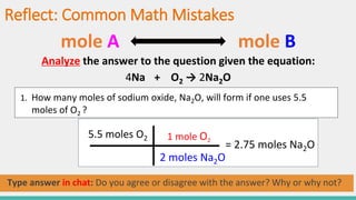 Reflect: Common Math Mistakes
1. How many moles of sodium oxide, Na2O, will form if one uses 5.5
moles of O2 ?
Type answer in chat: Do you agree or disagree with the answer? Why or why not?
mole A mole B
Analyze the answer to the question given the equation:
4Na + O2 → 2Na2O
5.5 moles O2 2 moles Na2O
0 moles O2
= 0 moles Na2O
5.5 moles O2 1 mole O2
2 moles Na2O
= 2.75 moles Na2O
 