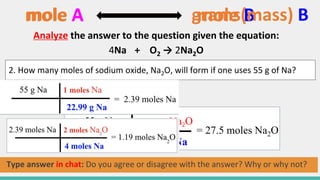 2. How many moles of sodium oxide, Na2O, will form if one uses 55 g of Na?
Type answer in chat: Do you agree or disagree with the answer? Why or why not?
mole A mole B
Analyze the answer to the question given the equation:
4Na + O2 → 2Na2O
55 g Na 2 moles Na2O
4 moles Na
= 27.5 moles Na2O
mole A grams(mass) B
 