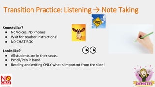 Transition Practice: Listening → Note Taking
Sounds like?
● No Voices, No Phones
● Wait for teacher instructions!
● NO CHAT BOX
Looks like?
● All students are in their seats.
● Pencil/Pen in hand.
● Reading and writing ONLY what is important from the slide!
 