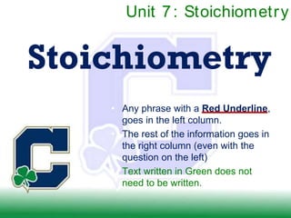 Unit 7 : Stoichiometr y


Stoichiometry
    • Any phrase with a Red Underline,
      goes in the left column.
    • The rest of the information goes in
      the right column (even with the
      question on the left)
    • Text written in Green does not
      need to be written.
 
