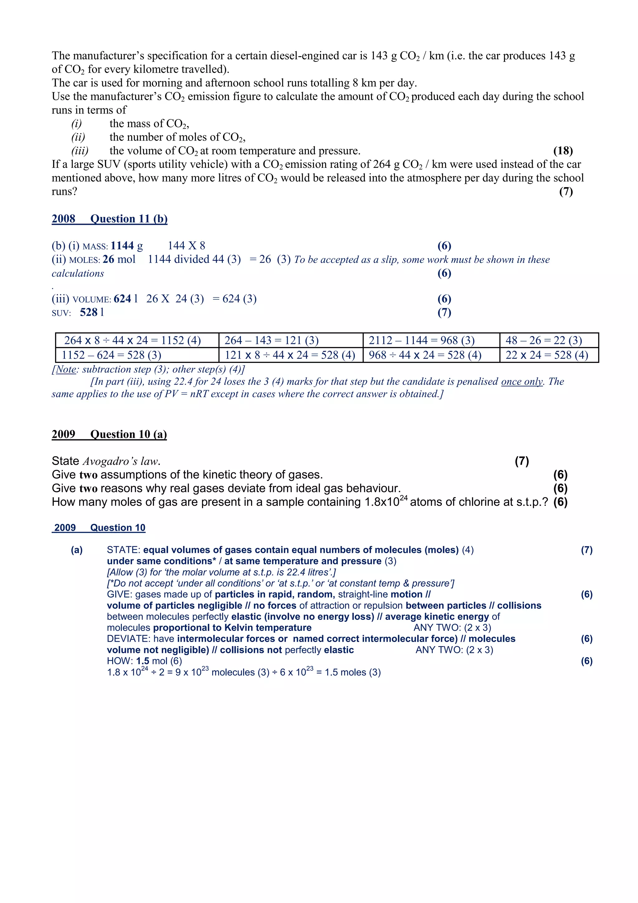 The manufacturer’s specification for a certain diesel-engined car is 143 g CO2 / km (i.e. the car produces 143 g
of CO2 for every kilometre travelled).
The car is used for morning and afternoon school runs totalling 8 km per day.
Use the manufacturer’s CO2 emission figure to calculate the amount of CO2 produced each day during the school
runs in terms of
(i)
the mass of CO2,
(ii)
the number of moles of CO2,
(iii)
the volume of CO2 at room temperature and pressure.
(18)
If a large SUV (sports utility vehicle) with a CO2 emission rating of 264 g CO2 / km were used instead of the car
mentioned above, how many more litres of CO2 would be released into the atmosphere per day during the school
runs?
(7)
2008

Question 11 (b)

(b) (i) MASS: 1144 g
144 X 8
(6)
(ii) MOLES: 26 mol 1144 divided 44 (3) = 26 (3) To be accepted as a slip, some work must be shown in these
calculations
(6)
.

(iii) VOLUME: 624 l 26 X 24 (3) = 624 (3)
SUV: 528 l
264 x 8 ÷ 44 x 24 = 1152 (4)
1152 – 624 = 528 (3)

264 – 143 = 121 (3)
121 x 8 ÷ 44 x 24 = 528 (4)

(6)
(7)
2112 – 1144 = 968 (3)
968 ÷ 44 x 24 = 528 (4)

48 – 26 = 22 (3)
22 x 24 = 528 (4)

[Note: subtraction step (3); other step(s) (4)]
[In part (iii), using 22.4 for 24 loses the 3 (4) marks for that step but the candidate is penalised once only. The
same applies to the use of PV = nRT except in cases where the correct answer is obtained.]

2009

Question 10 (a)

State Avogadro’s law.
(7)
Give two assumptions of the kinetic theory of gases.
(6)
Give two reasons why real gases deviate from ideal gas behaviour.
(6)
How many moles of gas are present in a sample containing 1.8x1024 atoms of chlorine at s.t.p.? (6)
2009
(a)

Question 10
STATE: equal volumes of gases contain equal numbers of molecules (moles) (4)
under same conditions* / at same temperature and pressure (3)
[Allow (3) for „the molar volume at s.t.p. is 22.4 litres‟.]
[*Do not accept „under all conditions‟ or „at s.t.p.‟ or „at constant temp & pressure‟]
GIVE: gases made up of particles in rapid, random, straight-line motion //
volume of particles negligible // no forces of attraction or repulsion between particles // collisions
between molecules perfectly elastic (involve no energy loss) // average kinetic energy of
molecules proportional to Kelvin temperature
ANY TWO: (2 x 3)
DEVIATE: have intermolecular forces or named correct intermolecular force) // molecules
volume not negligible) // collisions not perfectly elastic
ANY TWO: (2 x 3)
HOW: 1.5 mol (6)
24
23
23
1.8 x 10 ÷ 2 = 9 x 10 molecules (3) ÷ 6 x 10 = 1.5 moles (3)

(7)

(6)

(6)
(6)

 
