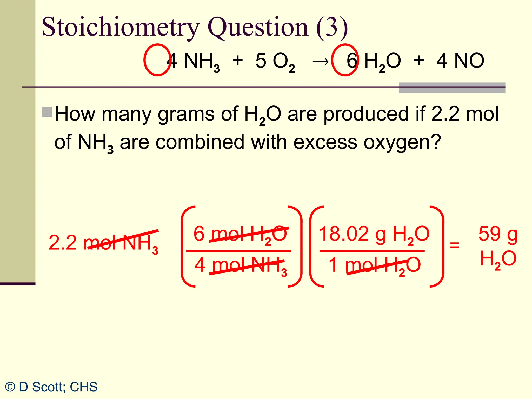 18.02 g H2O
1 mol H2O
6 mol H2O
4 mol NH3
4 NH3 + 5 O2  6 H2O + 4 NO
How many grams of H2O are produced if 2.2 mol
of NH3 are combined with excess oxygen?
Stoichiometry Question (3)
2.2 mol NH3
59 g
H2O
=
© D Scott; CHS
 