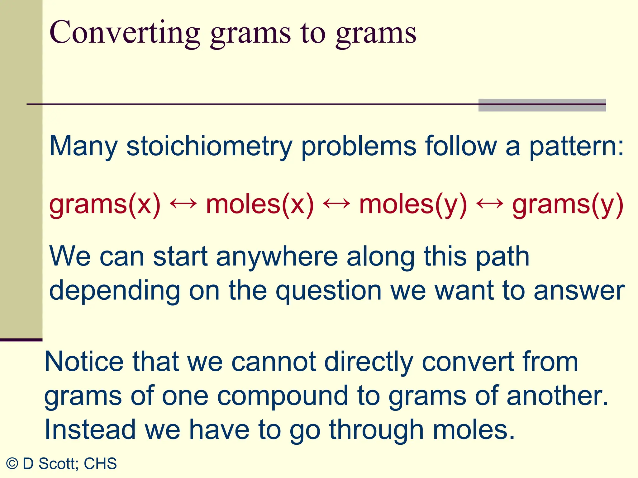 Many stoichiometry problems follow a pattern:
grams(x)  moles(x)  moles(y)  grams(y)
Converting grams to grams
We can start anywhere along this path
depending on the question we want to answer
Notice that we cannot directly convert from
grams of one compound to grams of another.
Instead we have to go through moles.
© D Scott; CHS
 