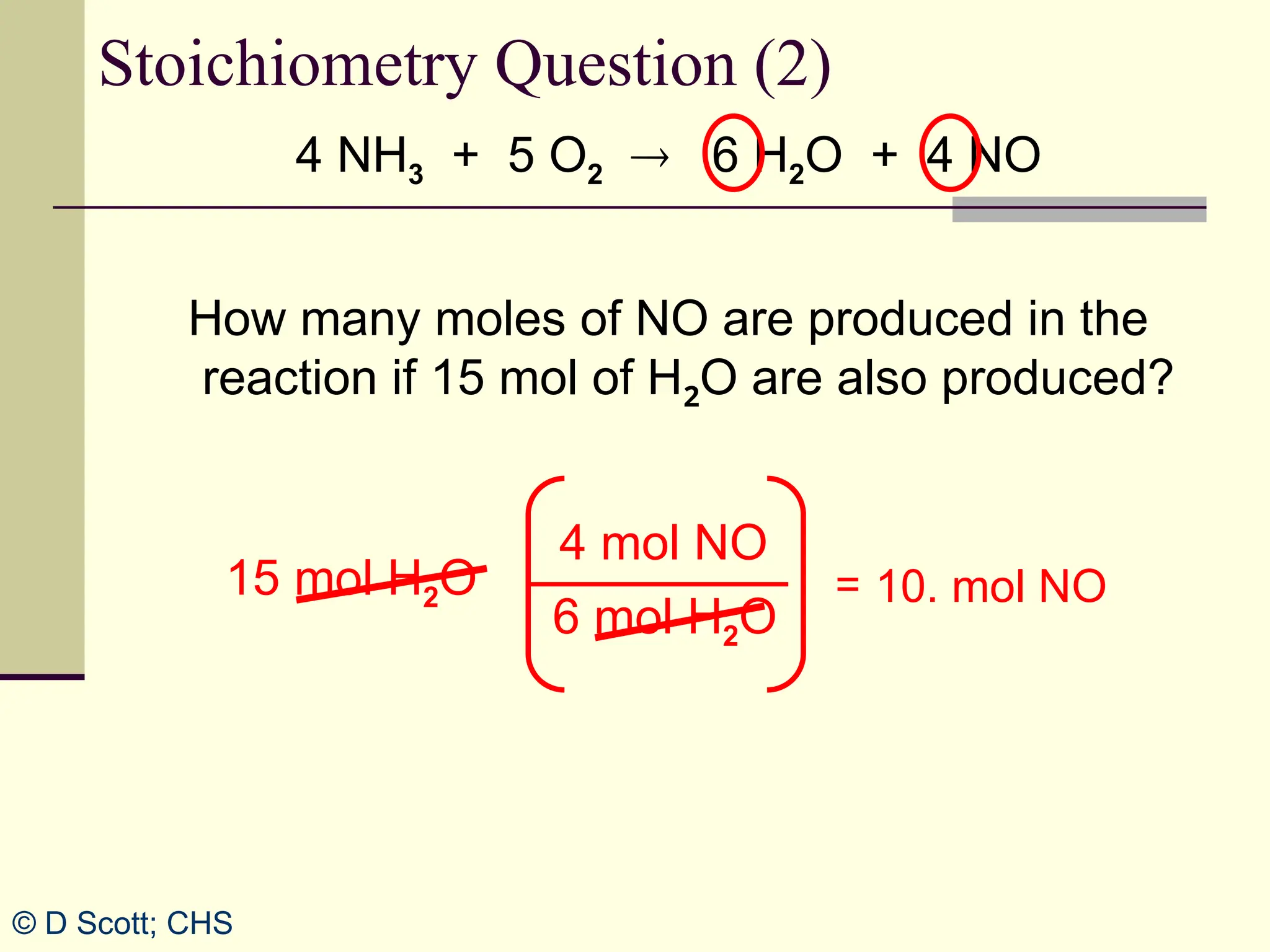 4 mol NO
6 mol H2O
4 NH3 + 5 O2  6 H2O + 4 NO
How many moles of NO are produced in the
reaction if 15 mol of H2O are also produced?
Stoichiometry Question (2)
15 mol H2O 10. mol NO
=
© D Scott; CHS
 