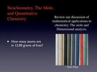 Stoichiometry, The Mole,
and Quantitative
                         Review our discussion of
Chemistry              mathematical applications to
                              chemistry: The mole and
                               Dimensional analysis.


•   How many atoms are
    in 12.00 grams of Iron?




                                      Nylon Rope
 