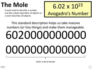 The Mole                                              6.02 x   1023
 A word used to describe a number.
 Just like a dozen describes 12 objects or
 a score describes 20 objects.
                                                Avogadro’s Number
     This standard description helps us take massive
   numbers (or tiny things) and make them manageable.

 6020000000000
 0000000000000
                                   that’s a lot of zeroes
 