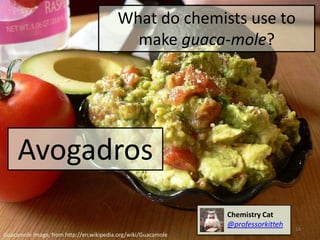 What do chemists use to
                                           make guaca-mole?




     Avogadros
                                                               Chemistry Cat
                                                               @professorkitteh   16
Guacamole image, from http://en.wikipedia.org/wiki/Guacamole
 