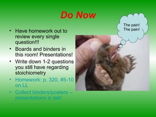 Do Now
• Have homework out to
review every single
question!!!
• Boards and binders in
this room! Presentations!
• Write down 1-2 questions
you still have regarding
stoichiometry
• Homework: p. 320, #5-10
on LL
• Collect binders/posters –
presentations in lab!
The pain!
The pain!
 