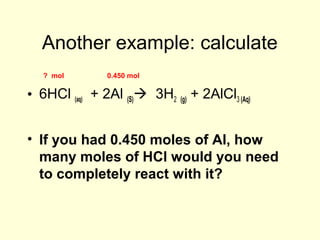 Another example: calculate
• 6HCl (aq) + 2Al (S) 3H2 (g) + 2AlCl3 (Aq)
• If you had 0.450 moles of Al, how
many moles of HCl would you need
to completely react with it?
0.450 mol? mol
 