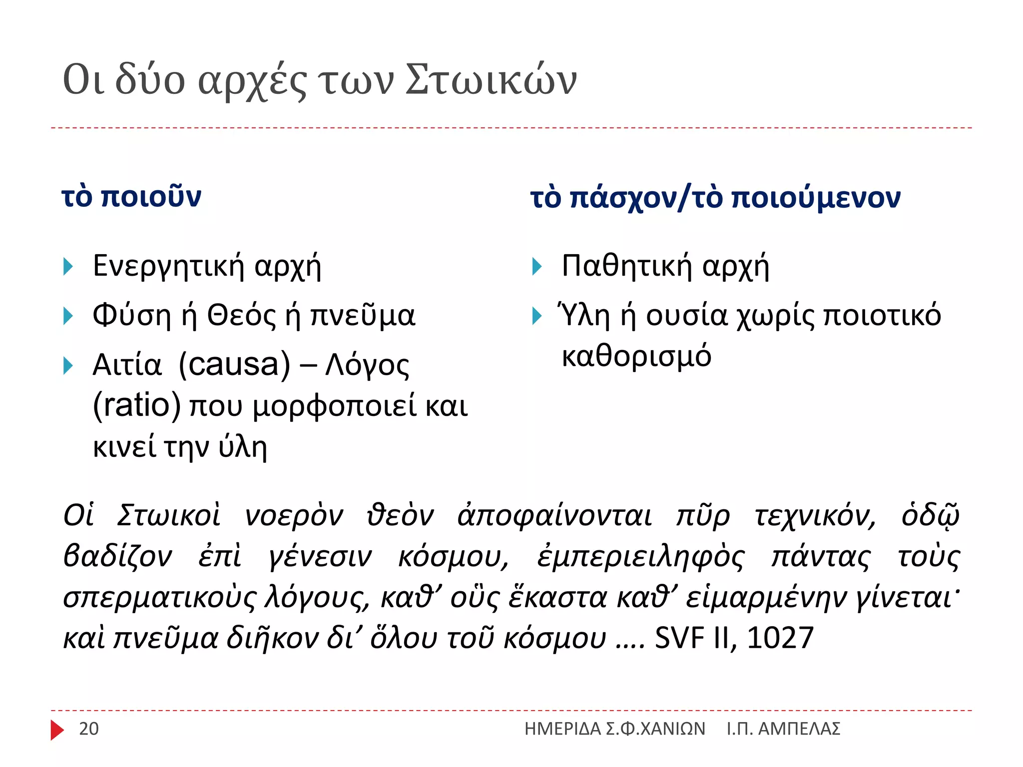 Οι δύο αρχές των Στωικών
τὸ ποιοῦν τὸ πάσχον/τὸ ποιούμενον
Ι.Π. ΑΜΠΕΛΑΣΗΜΕΡΙΔΑ Σ.Φ.ΧΑΝΙΩΝ20
 Ενεργητική αρχή
 Φύση ή Θεός ή πνεῦμα
 Αιτία (causa) – Λόγος
(ratio) που μορφοποιεί και
κινεί την ύλη
 Παθητική αρχή
 Ύλη ή ουσία χωρίς ποιοτικό
καθορισμό
Οἱ Στωικοὶ νοερὸν θεὸν ἀποφαίνονται πῦρ τεχνικόν, ὁδῷ
βαδίζον ἐπὶ γένεσιν κόσμου, ἐμπεριειληφὸς πάντας τοὺς
σπερματικοὺς λόγους, καθ’ οὓς ἕκαστα καθ’ εἱμαρμένην γίνεται·
καὶ πνεῦμα διῆκον δι’ ὅλου τοῦ κόσμου …. SVF II, 1027
 
