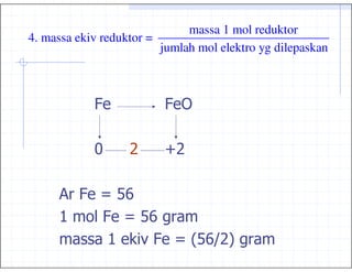 massa 1 mol reduktor
4. massa ekiv reduktor =
                         jumlah mol elektro yg dilepaskan



            B            B

            .      0     J0

       B C 8:
     &   B C 8:
          &   $B C "8:?
                      0*
 