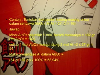 ● Contoh : Tentukan komposisi masing-masing unsur 
dalam senyawa Al2O3 ( Ar Al = 27; O = 16) 
● Jawab : 
● Misal Al2O3 sejumlah 1 mol, berarti massanya = 102 gr 
(Mr Al2O3 = 102). 
● setiap 1 mol Al2O3 mengandung 2 mol Al =2 x 27 gr = 
54 
● Maka presentase Al dalam Al2O3 = 
● (54 gr/102 gr) x 100% = 53,94% 
 