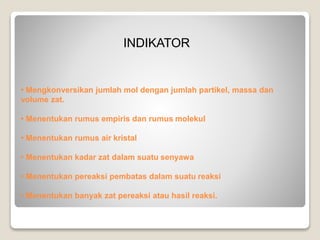 INDIKATOR 
• Mengkonversikan jumlah mol dengan jumlah partikel, massa dan 
volume zat. 
• Menentukan rumus empiris dan rumus molekul 
• Menentukan rumus air kristal 
• Menentukan kadar zat dalam suatu senyawa 
• Menentukan pereaksi pembatas dalam suatu reaksi 
• Menentukan banyak zat pereaksi atau hasil reaksi. 
 