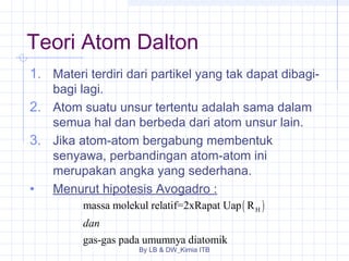 Teori Atom Dalton 
1. Materi terdiri dari partikel yang tak dapat dibagi-bagi 
By LB & DW_Kimia ITB 
lagi. 
2. Atom suatu unsur tertentu adalah sama dalam 
semua hal dan berbeda dari atom unsur lain. 
3. Jika atom-atom bergabung membentuk 
senyawa, perbandingan atom-atom ini 
merupakan angka yang sederhana. 
• Menurut hipotesis Avogadro : 
( ) H massa molekul relatif=2xRapat Uap R 
dan 
gas-gas pada umumnya diatomik 
 