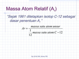 Massa Atom Relatif (Ar) 
“Sejak 1961 ditetapkan isotop C-12 sebagai 
dasar penentuan Ar.” 
Ar massa satu atomunsur 
By LB & DW_Kimia ITB 
12 
1 
12 
- 
= 
massa satu atomC 
 