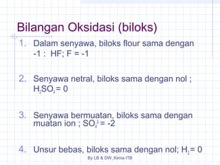 Bilangan Oksidasi (biloks) 
1. Dalam senyawa, biloks flour sama dengan 
-1 : HF; F = -1 
2. Senyawa netral, biloks sama dengan nol ; 
By LB & DW_Kimia ITB 
H2SO4 = 0 
3. Senyawa bermuatan, biloks sama dengan 
muatan ion ; SO4 
2- = -2 
4. Unsur bebas, biloks sama dengan nol; H2 = 0 
 