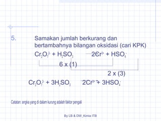 5. Samakan jumlah berkurang dan 
bertambahnya bilangan oksidasi (cari KPK) 
CrO2- + HSO2Cr3+ + HSO27 
23 4 
By LB & DW_Kimia ITB 
- 
6 x (1) 
2 x (3) 
Cr2O7 
2- + 3H2SO3 2Cr3+ + 3HSO4 
- 
Catatan: angka yang di dalam kurung adalah faktor pengali 
 