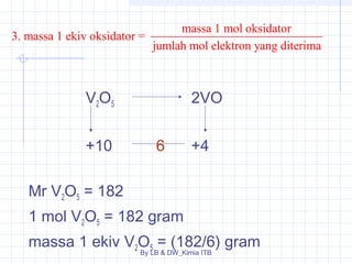 3. massa 1 ekiv oksidator = massa 1 mol oksidator 
jumlah mol elektron yang diterima 
V2O5 2VO 
+10 6 +4 
Mr V2O5 = 182 
1 mol V2O5 = 182 gram 
massa 1 ekiv V2O5 = (182/6) gram 
By LB & DW_Kimia ITB 
 
