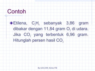 Contoh 
Etilena, C2H4 sebanyak 3,86 gram 
dibakar dengan 11,84 gram O2 di udara. 
Jika CO2 yang terbentuk 6,96 gram. 
Hitunglah persen hasil CO2 
By LB & DW_Kimia ITB 
 