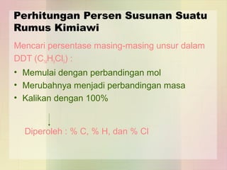 Perhitungan Persen Susunan Suatu 
Rumus Kimiawi 
Mencari persentase masing-masing unsur dalam 
DDT (C14H9Cl5) : 
• Memulai dengan perbandingan mol 
• Merubahnya menjadi perbandingan masa 
• Kalikan dengan 100% 
Diperoleh : % C, % H, dan % Cl 
 