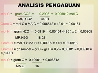ANALISIS PENGABUAN 
mol C = gram CO2 = 0,2998 = 0,006812 mol C 
MR. CO2 44,01 
Gram C = mol C x MA.C = 0,006812 x 12.01 = 0,08181 
mol H = gram H2O = 0,0819 = 0,00454 4495 ) x 2 = 0,00909 
MR.H2O 18,02 
Gram H = mol H x MA.H = 0,00909 x 1,01 = 0,00918 
Gram O = gr sampel – gr C – gr H = 0,2 – 0,08181 – 0,00918 = 
0,10901 
mol O = gram O = 0,10901 = 0,006812 
MA.O 16 
 