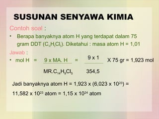 SUSUNAN SENYAWA KIMIA 
Contoh soal : 
• Berapa banyaknya atom H yang terdapat dalam 75 
gram DDT (C14H9Cl5). Diketahui : masa atom H = 1,01 
Jawab : 
• mol H = 9 x MA. H = 
9 x 1 X 75 gr = 1,923 mol 
MR.C14H9Cl5 354,5 
Jadi banyaknya atom H = 1,923 x (6,023 x 1023) = 
11,582 x 1023 atom = 1,15 x 1024 atom 
 