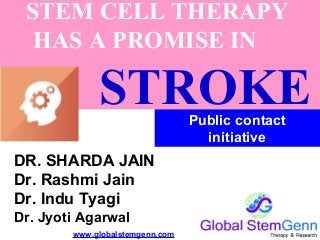 STEM CELL THERAPY
HAS A PROMISE IN
STROKE
DR. SHARDA JAIN
Dr. Rashmi Jain
Dr. Indu Tyagi
Dr. Jyoti Agarwal
Public contact
initiative
www.globalstemgenn.com
 
