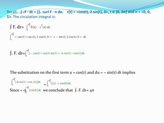 Recall: ∫ c F · dr = ∫∫s curl F · n dσ. r(t) = <cos(t), 2 sin(t), 0>, t ∈ [0, 2π] and n = <0, 0,
1>. The circulation integral is:
∫ F. dr=
∫c F. dr=
The substitution on the first term u = cos(t) and du = − sin(t) dt implies
=
Since = 0, we conclude that ∫c F. dr= 4π
 